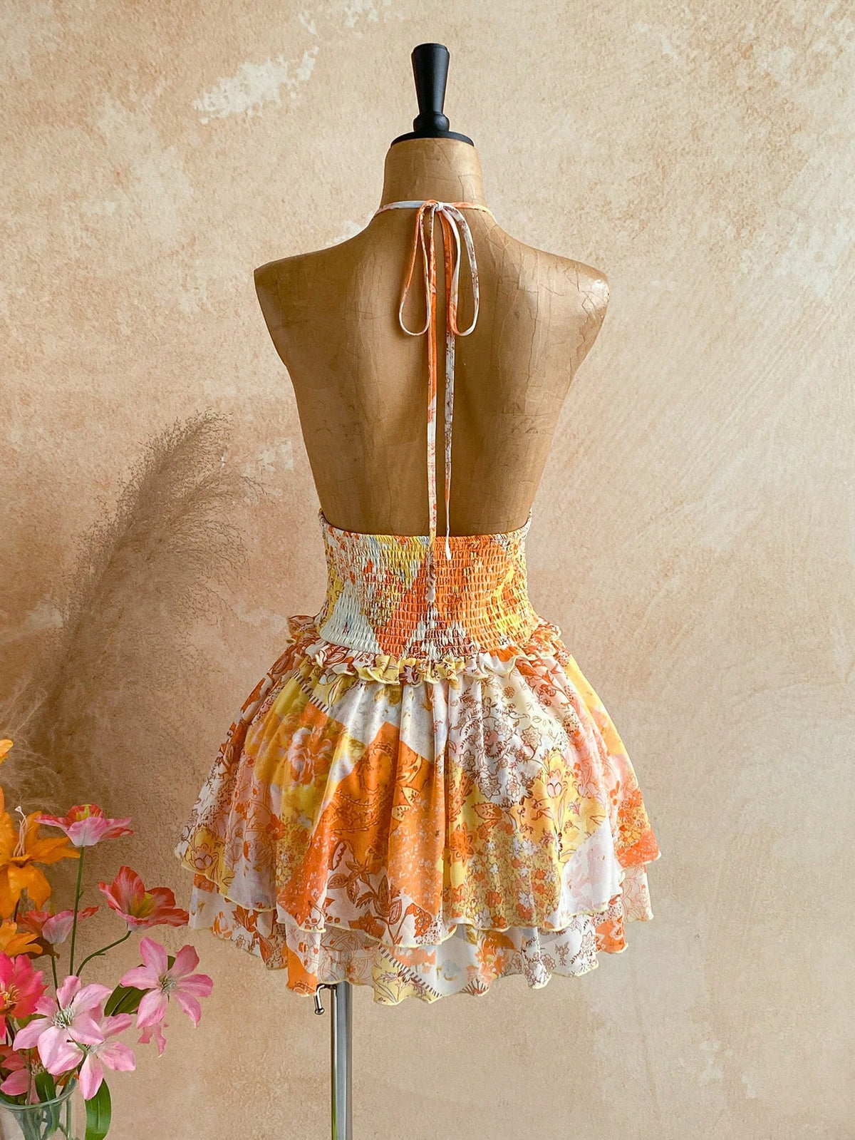 Soleia Women's Floral Print Waist Tie Halter Mini Dress,Orange And Pink,Summer,Boho,Holiday,Vacation,Tropical Beach Outfits,Cute Retro,No Breast Pads