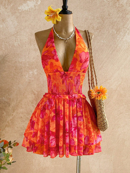 Soleia Women's Floral Print Waist Tie Halter Mini Dress,Orange And Pink,Summer,Boho,Holiday,Vacation,Tropical Beach Outfits,Cute Retro,No Breast Pads