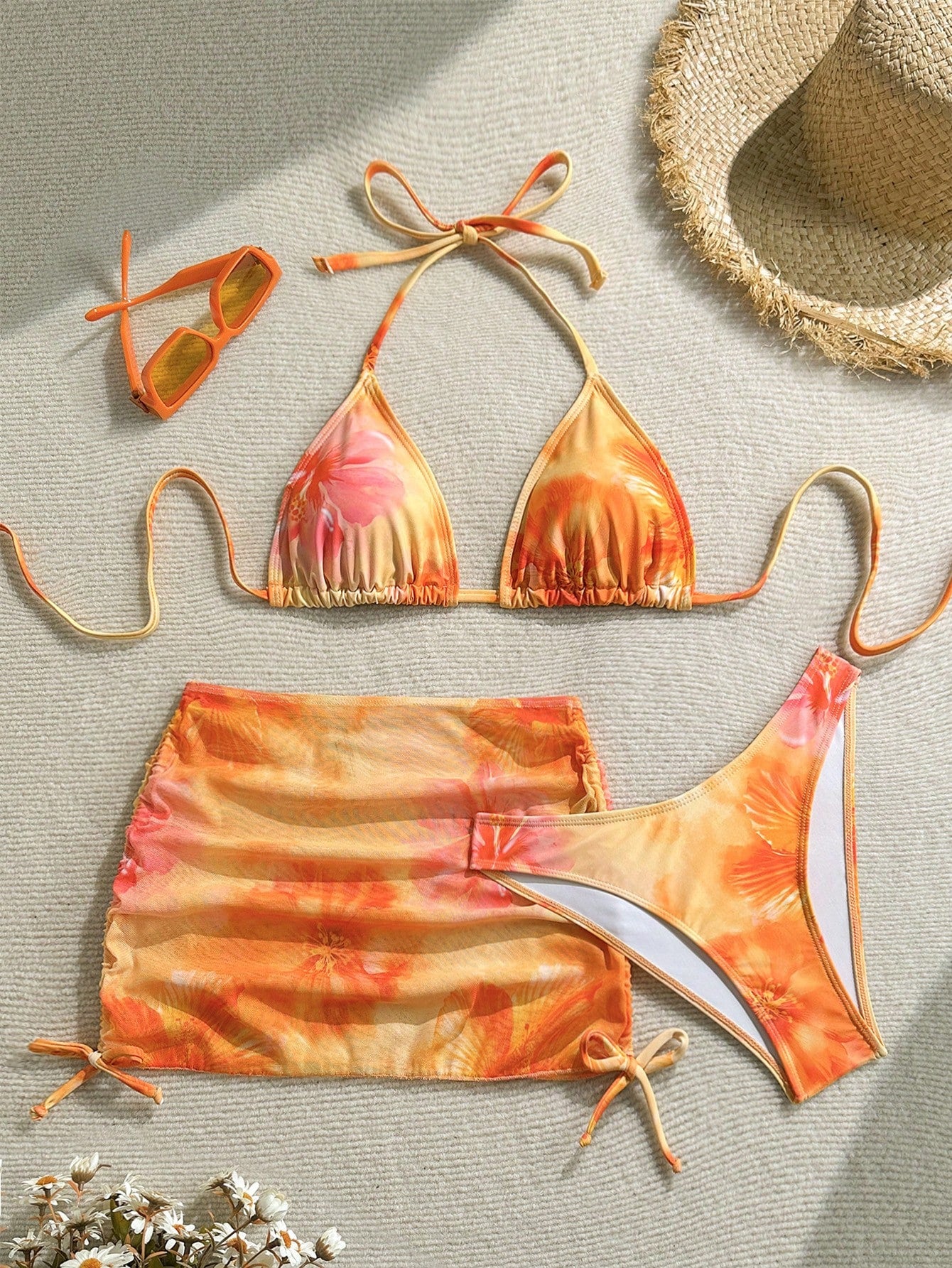 Soleia Women's Floral Resort Beach Vacation Vacation Multi-Piece Outfit Set, Fashionable For Summer Orange Tropical