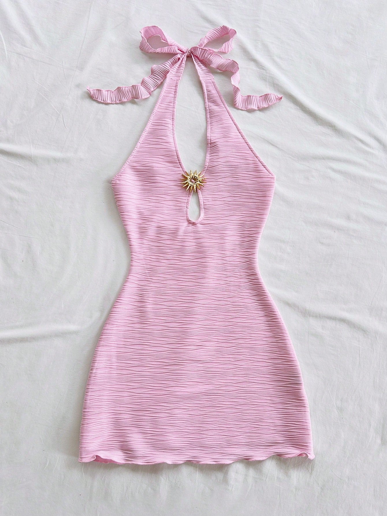 Soleia Women's Light Pink Summer Casual Beach Holiday Vacation Summer Dress,Elegant Bohemian Strapless Backless Textured Knit Mini Dress,No Chest Padding