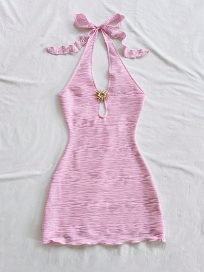 Soleia Women's Light Pink Summer Casual Beach Holiday Vacation Summer Dress,Elegant Bohemian Strapless Backless Textured Knit Mini Dress,No Chest Padding