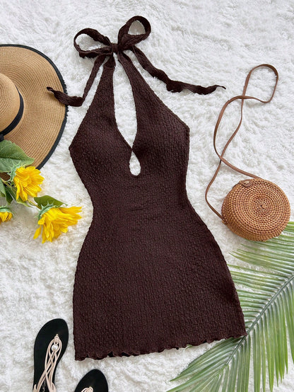 Soleia Women's Light Pink Summer Casual Beach Holiday Vacation Summer Dress,Elegant Bohemian Strapless Backless Textured Knit Mini Dress,No Chest Padding