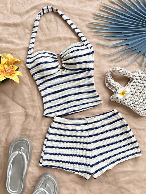 Soleia Women's Vacation Striped Halter Top And Shorts Casual 2 Pieces Set No Chest Padding