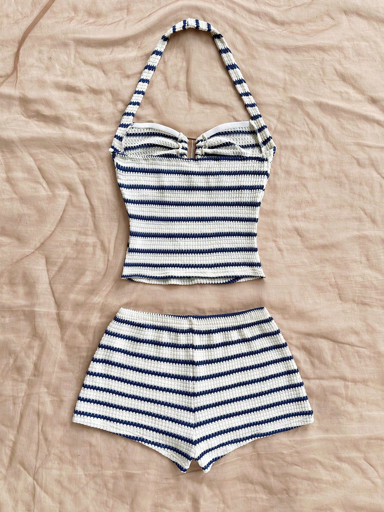 Soleia Women's Vacation Striped Halter Top And Shorts Casual 2 Pieces Set No Chest Padding