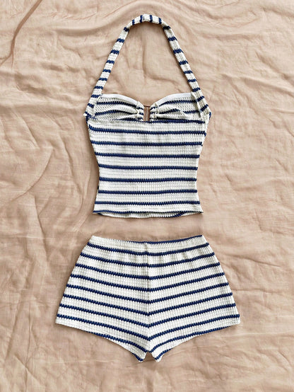 Soleia Women's Vacation Striped Halter Top And Shorts Casual 2 Pieces Set No Chest Padding