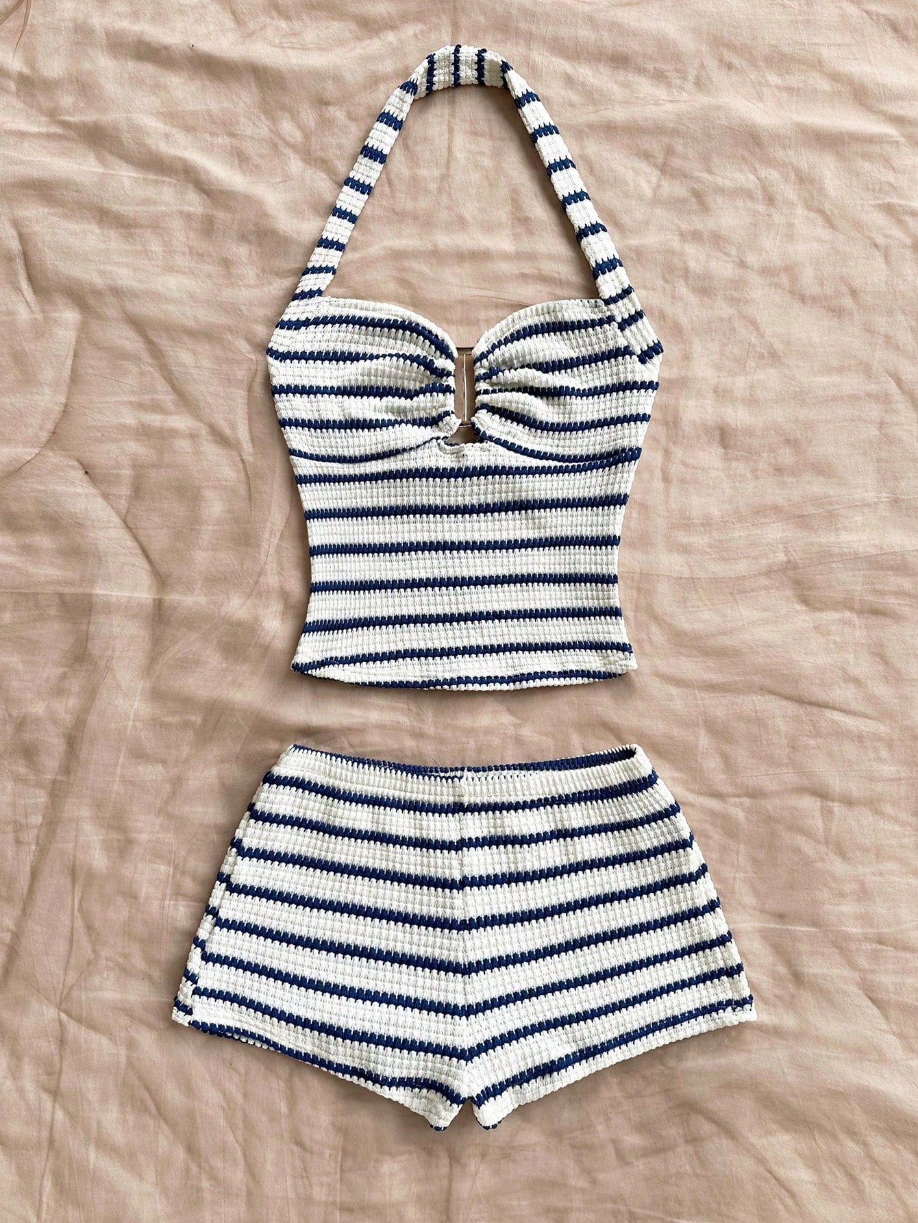 Soleia Women's Vacation Striped Halter Top And Shorts Casual 2 Pieces Set No Chest Padding