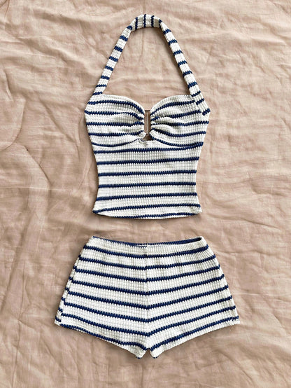 Soleia Women's Vacation Striped Halter Top And Shorts Casual 2 Pieces Set No Chest Padding