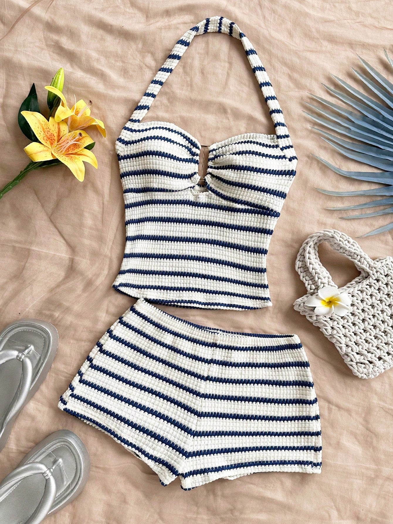 Soleia Women's Vacation Striped Halter Top And Shorts Casual 2 Pieces Set No Chest Padding