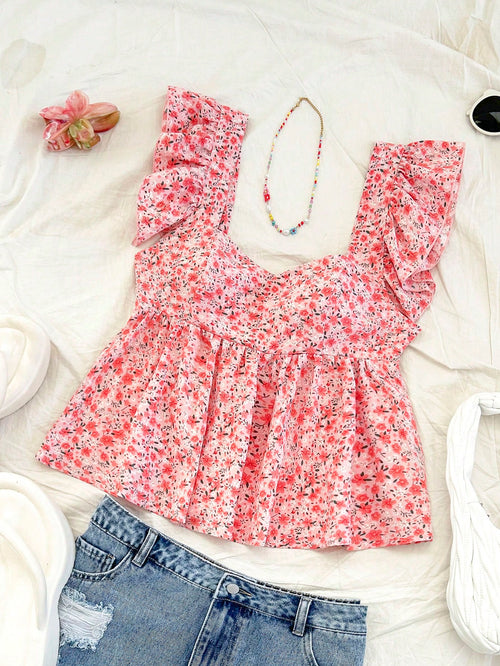 Soleia Women Vacation Smock Collar Cap Sleeve Loose Blouse, Pink Ditsy Floral Smock Collar Cap Sleeve Top No Chest Padding No Chest Padding