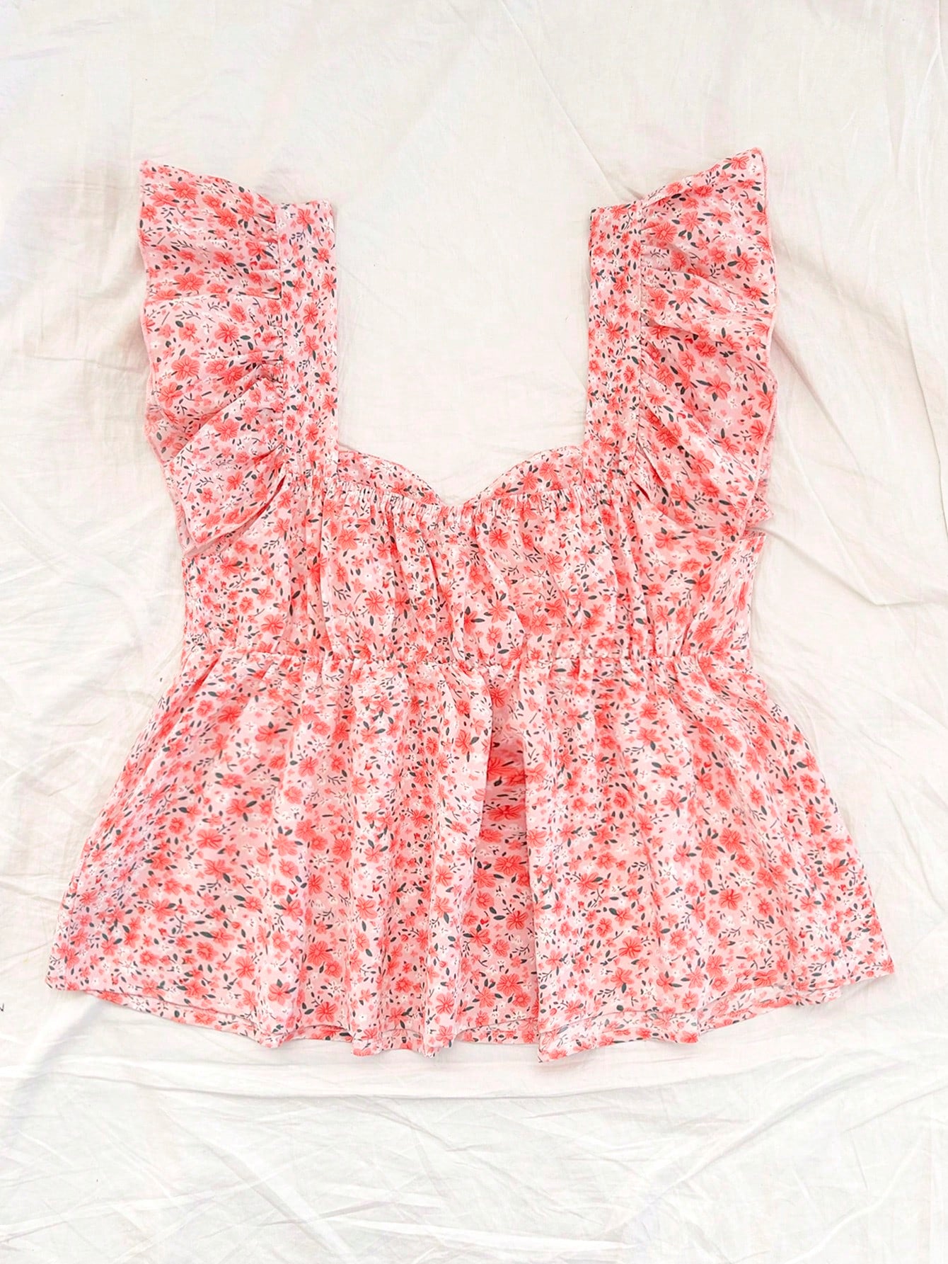 Soleia Women Vacation Smock Collar Cap Sleeve Loose Blouse, Pink Ditsy Floral Smock Collar Cap Sleeve Top No Chest Padding No Chest Padding