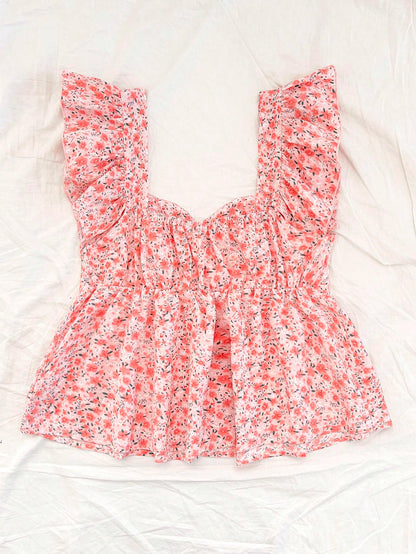 Soleia Women Vacation Smock Collar Cap Sleeve Loose Blouse, Pink Ditsy Floral Smock Collar Cap Sleeve Top No Chest Padding No Chest Padding