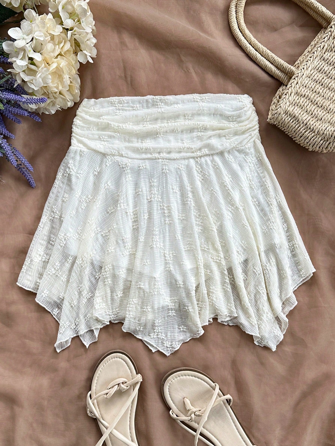 Soleia Women WYWH Vacation Asymmetric Hem Knit Skirt, White Skirt, High Waist A-Line Skirt, Suitable For Summer, Graduation, Wedding