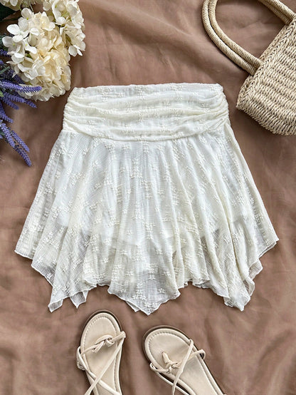 Soleia Women WYWH Vacation Asymmetric Hem Knit Skirt, White Skirt, High Waist A-Line Skirt, Suitable For Summer, Graduation, Wedding