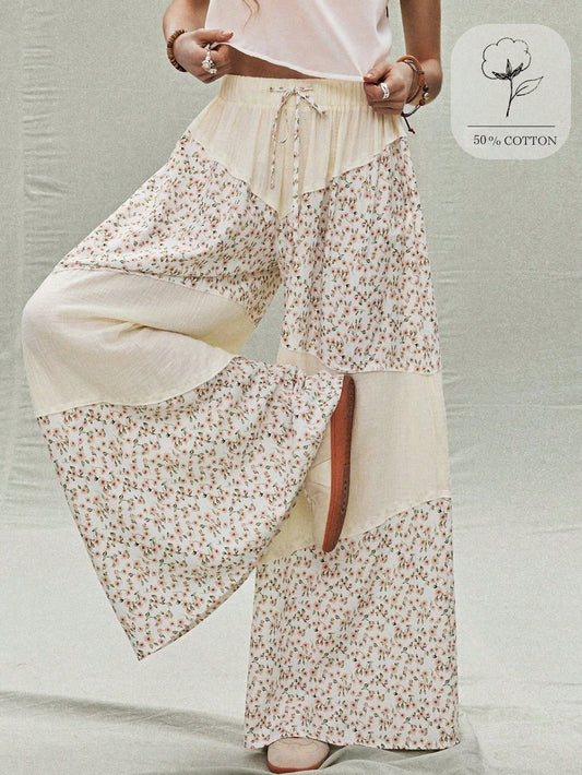 SoleilVie Spring Summer New Floral Patchwork Wide-Leg Pants Regular Waist Elastic Waist Resort Maxi Pants Women Cream Women's For Summer Resort Wear Women Summer Boho Cotton Women Ditsy Floral Cottage