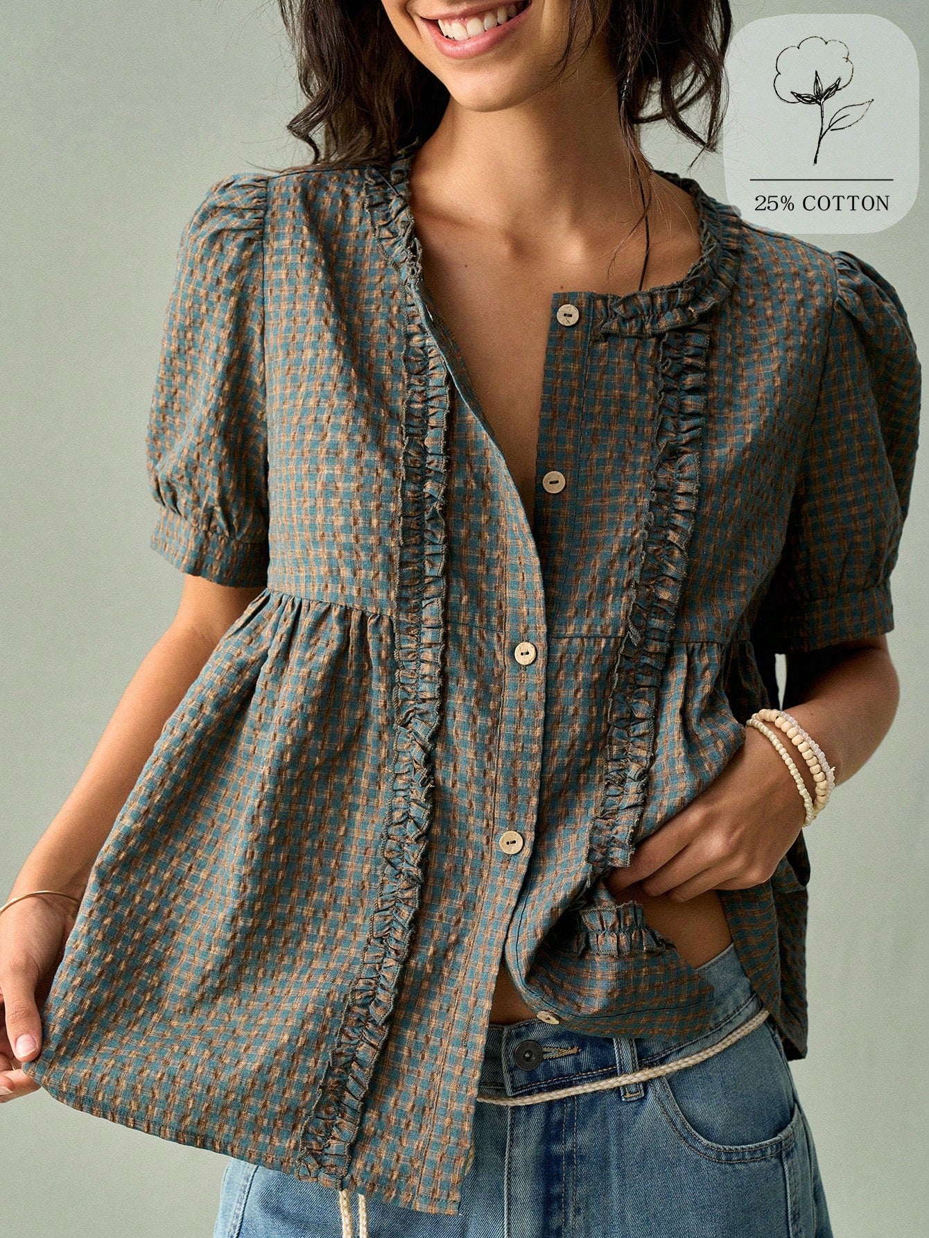 SoleilVie Women's Round Neck Ruched Frill Trim Puff Sleeve Retro Plaid Casual Shirt