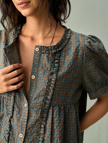 SoleilVie Women's Round Neck Ruched Frill Trim Puff Sleeve Retro Plaid Casual Shirt