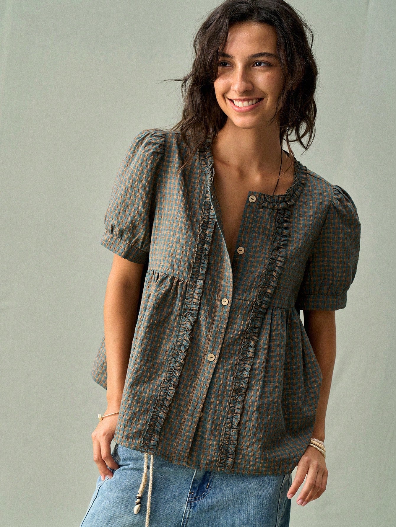 SoleilVie Women's Round Neck Ruched Frill Trim Puff Sleeve Retro Plaid Casual Shirt