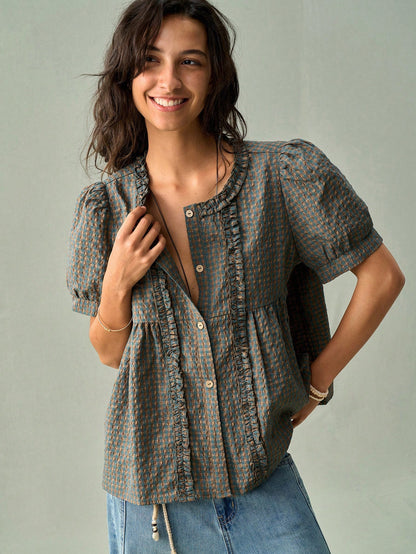 SoleilVie Women's Round Neck Ruched Frill Trim Puff Sleeve Retro Plaid Casual Shirt