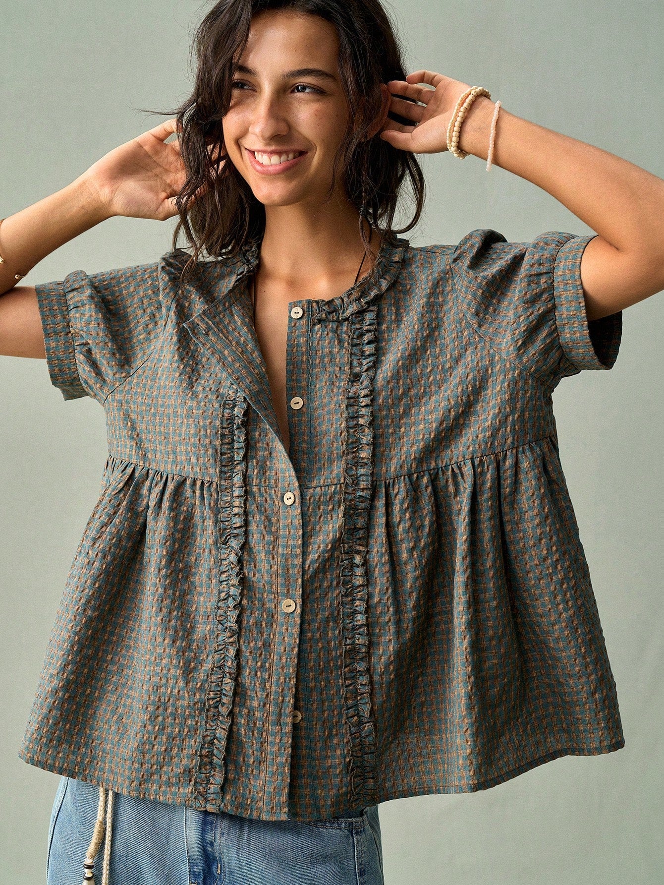 SoleilVie Women's Round Neck Ruched Frill Trim Puff Sleeve Retro Plaid Casual Shirt