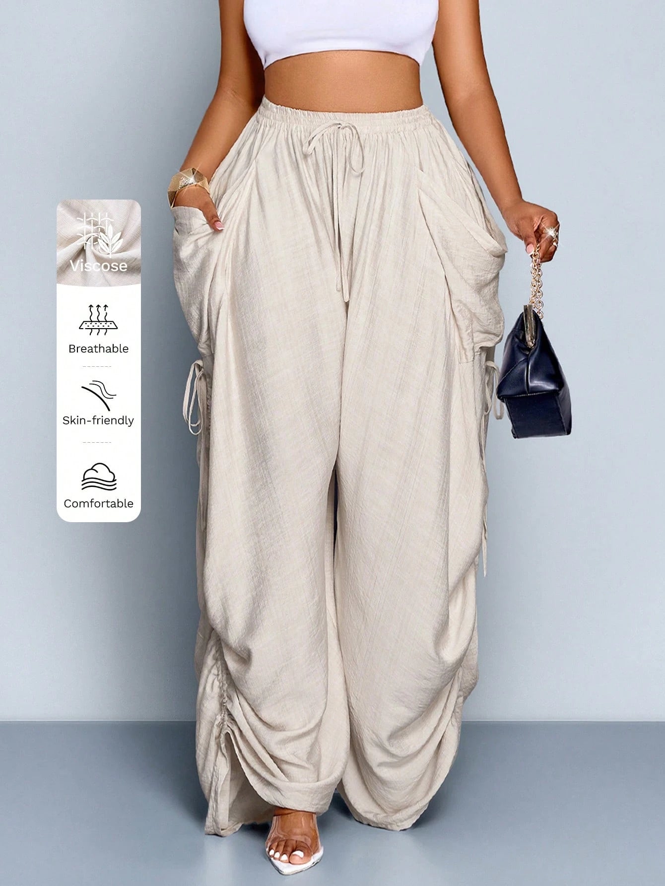 SOLERSUN Women's Beige Summer Casual Vacation Pants,Loose Solid Color Drawstring Trousers With Pockets,Elastic Waist Bohemian Style Beach Street Bottoms