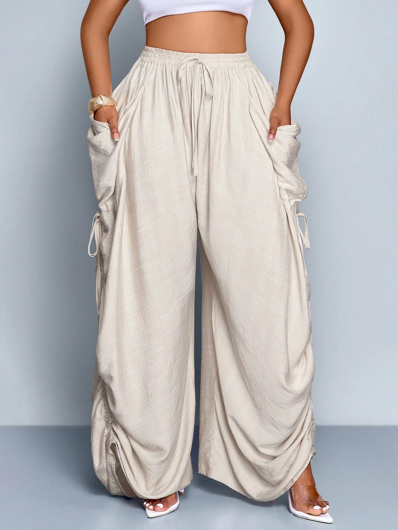 SOLERSUN Women's Beige Summer Casual Vacation Pants,Loose Solid Color Drawstring Trousers With Pockets,Elastic Waist Bohemian Style Beach Street Bottoms