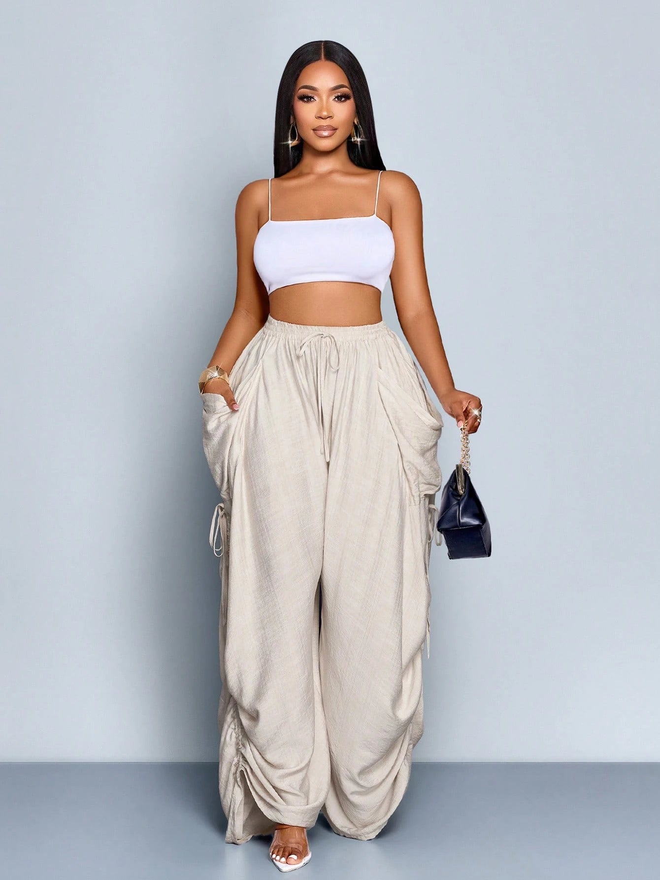 SOLERSUN Women's Beige Summer Casual Vacation Pants,Loose Solid Color Drawstring Trousers With Pockets,Elastic Waist Bohemian Style Beach Street Bottoms