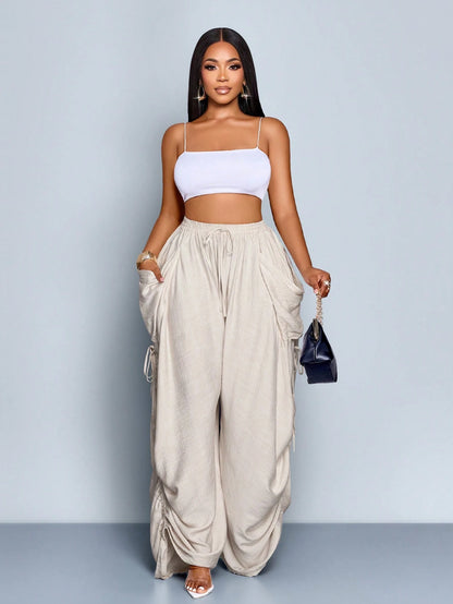 SOLERSUN Women's Beige Summer Casual Vacation Pants,Loose Solid Color Drawstring Trousers With Pockets,Elastic Waist Bohemian Style Beach Street Bottoms