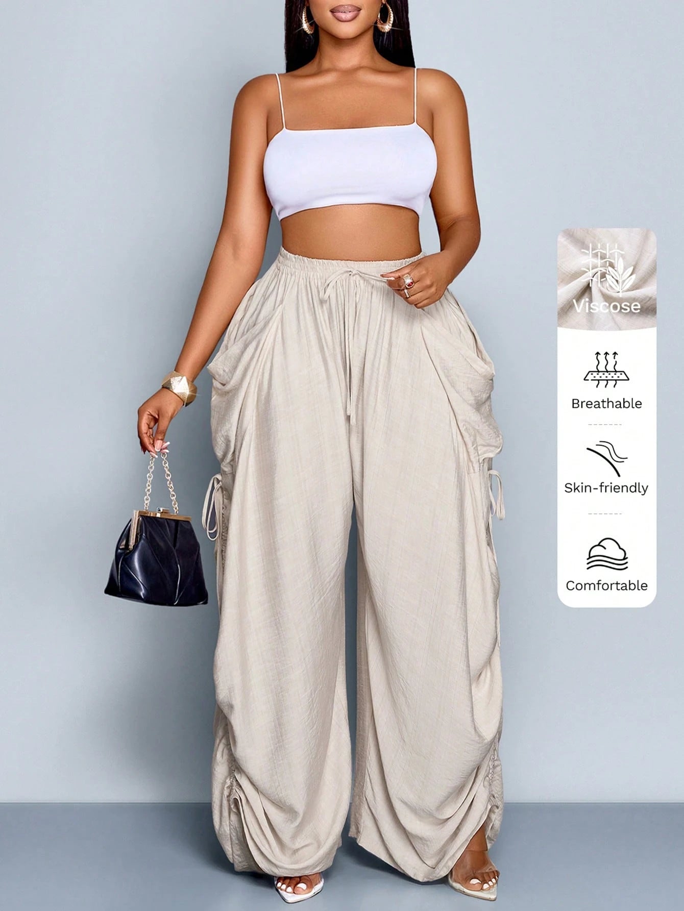 SOLERSUN Women's Beige Summer Casual Vacation Pants,Loose Solid Color Drawstring Trousers With Pockets,Elastic Waist Bohemian Style Beach Street Bottoms