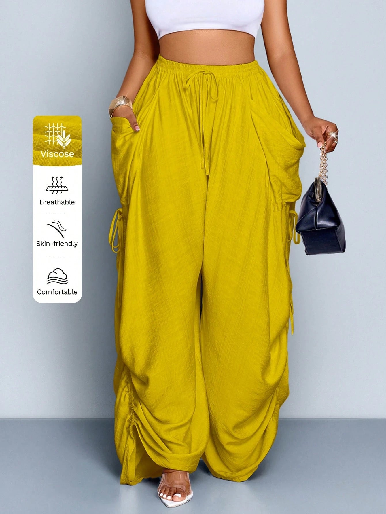 SOLERSUN Women's Beige Summer Casual Vacation Pants,Loose Solid Color Drawstring Trousers With Pockets,Elastic Waist Bohemian Style Beach Street Bottoms