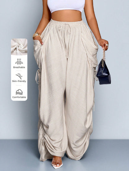 SOLERSUN Women's Beige Summer Casual Vacation Pants,Loose Solid Color Drawstring Trousers With Pockets,Elastic Waist Bohemian Style Beach Street Bottoms
