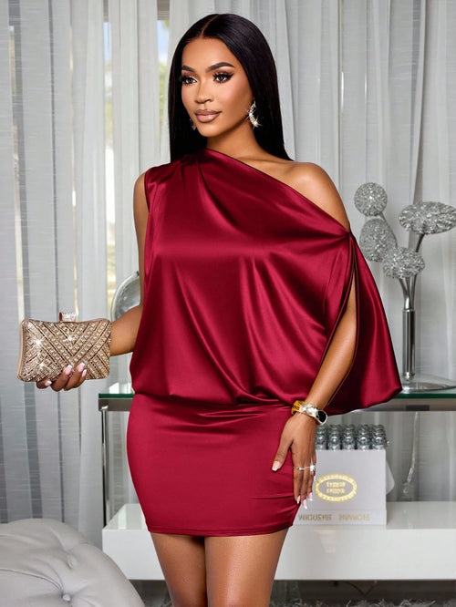 SOLERSUN Women's Elegant Asymmetric Collar Satin Bodycon Mini Dress For Women