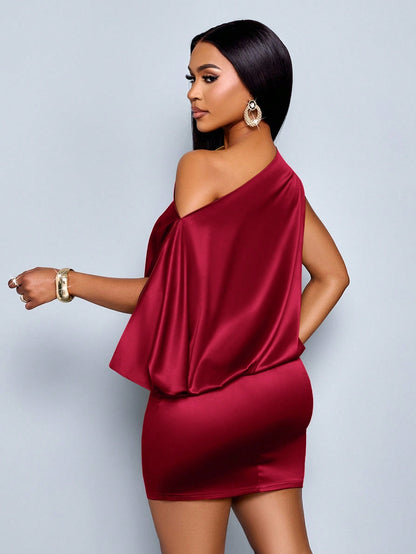 SOLERSUN Women's Elegant Asymmetric Collar Satin Bodycon Mini Dress For Women