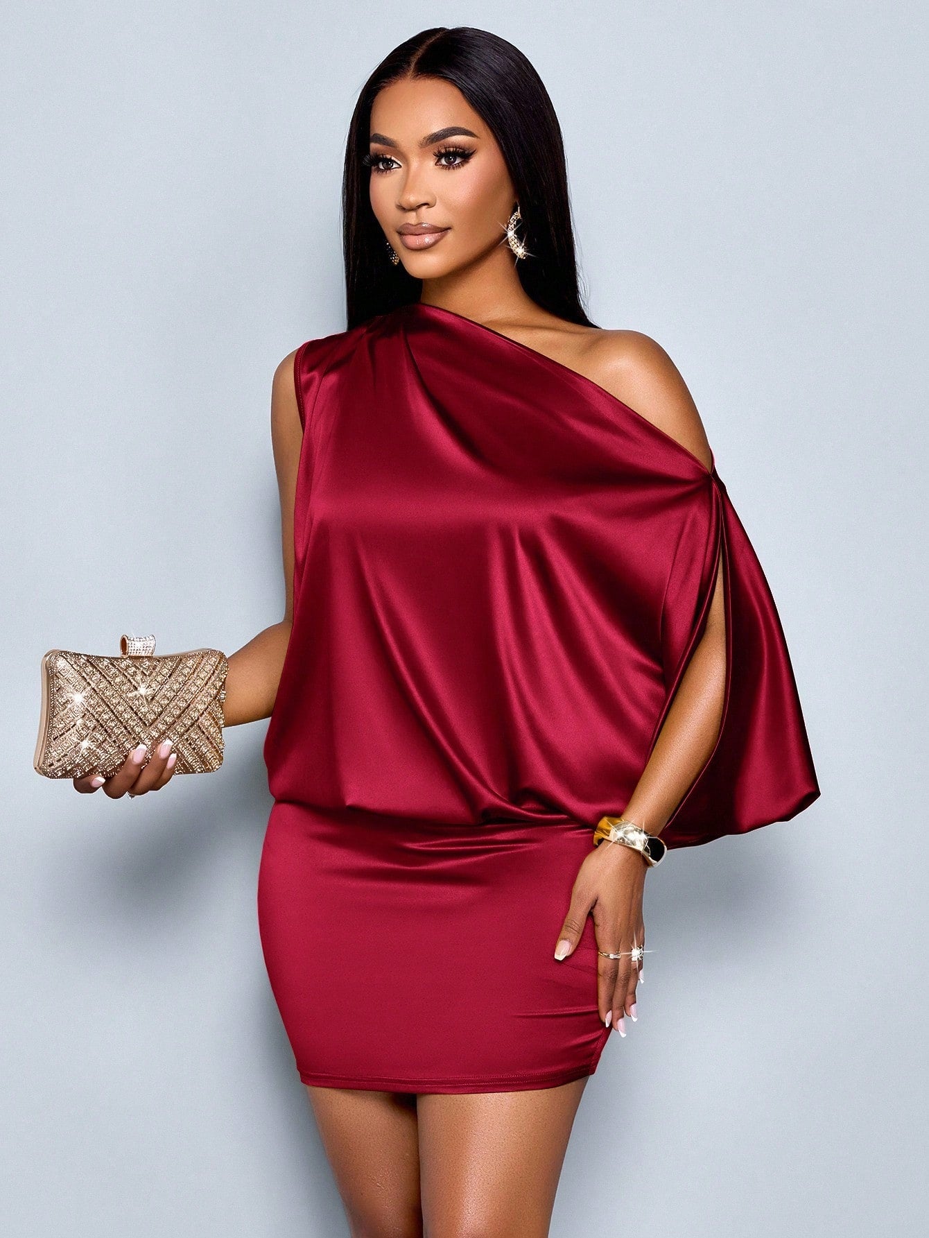 SOLERSUN Women's Elegant Asymmetric Collar Satin Bodycon Mini Dress For Women