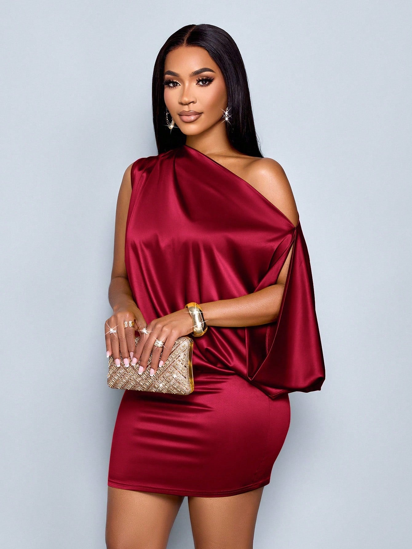 SOLERSUN Women's Elegant Asymmetric Collar Satin Bodycon Mini Dress For Women