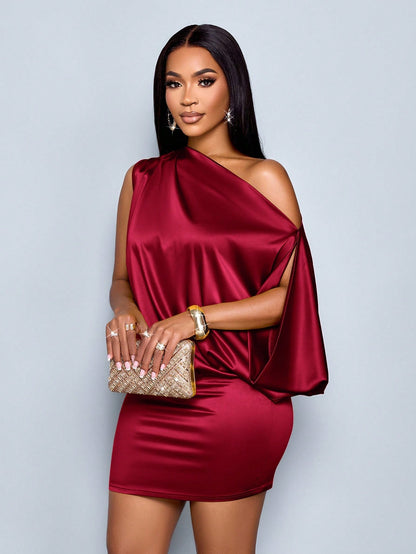 SOLERSUN Women's Elegant Asymmetric Collar Satin Bodycon Mini Dress For Women