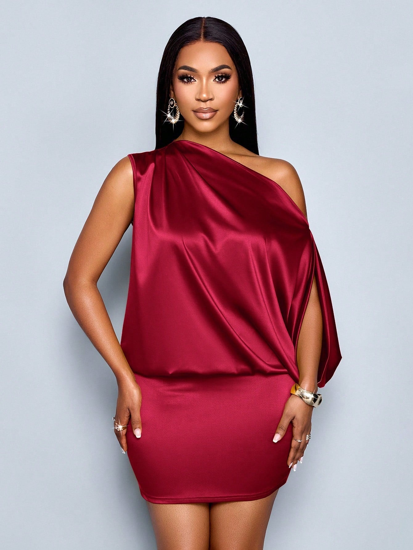 SOLERSUN Women's Elegant Asymmetric Collar Satin Bodycon Mini Dress For Women