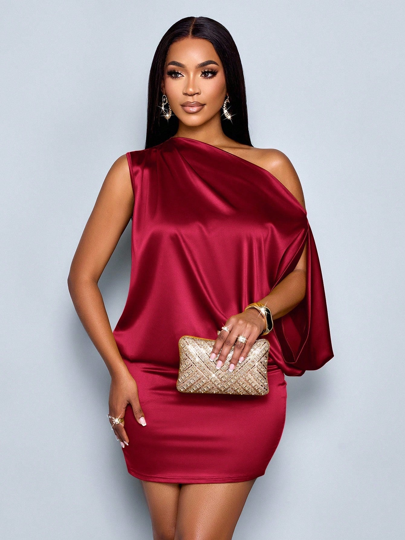 SOLERSUN Women's Elegant Asymmetric Collar Satin Bodycon Mini Dress For Women