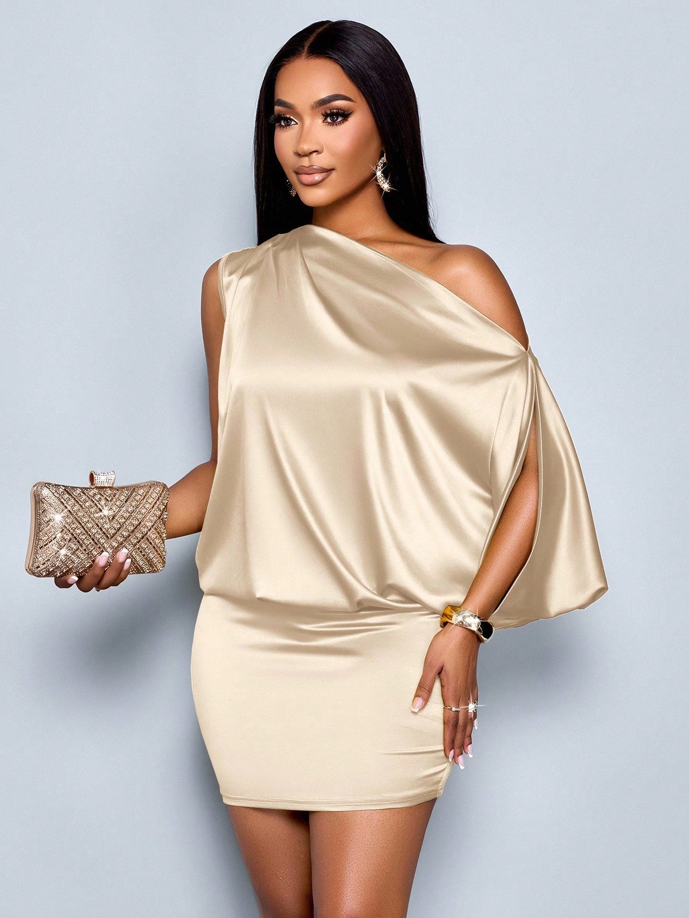 SOLERSUN Women's Elegant Asymmetric Collar Satin Bodycon Mini Dress For Women