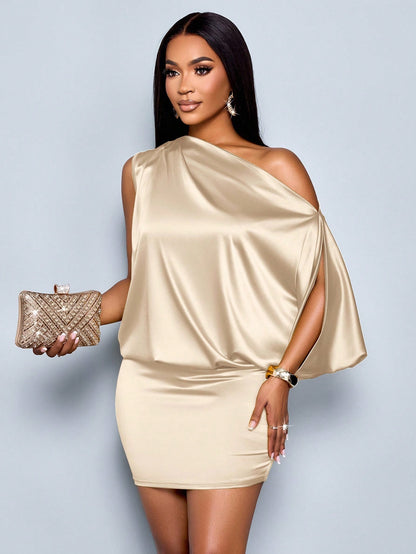 SOLERSUN Women's Elegant Asymmetric Collar Satin Bodycon Mini Dress For Women