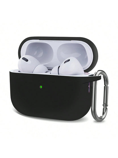 Solid Color Black Silicone Apple 1pc Plain Silicone Earbuds Protective Black Case Compatible With Airpods With Carabiner Gift New Arrival Mom