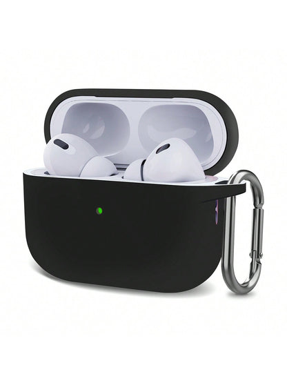 Solid Color Black Silicone Apple 1pc Plain Silicone Earbuds Protective Black Case Compatible With Airpods With Carabiner Gift New Arrival Mom