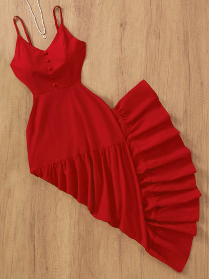 Solid Color Elegant Casual Loose Backless A-Line Dress, Suitable For Parties, Formal Events, Weddings, Spring/Summer Party Red