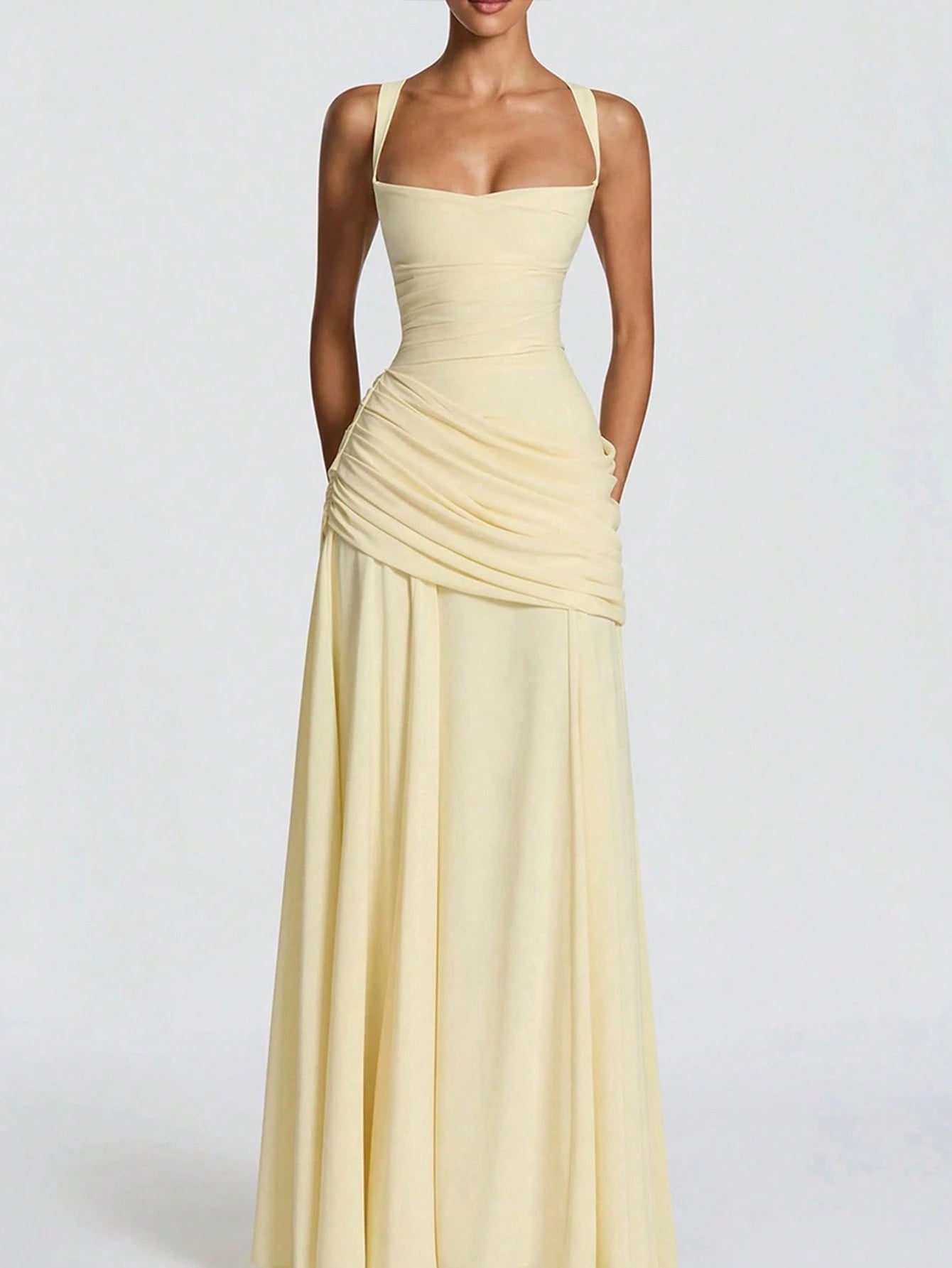 Solid Color High Waist Sexy Fitted Pleated Square Neck Dress Elegant Summer