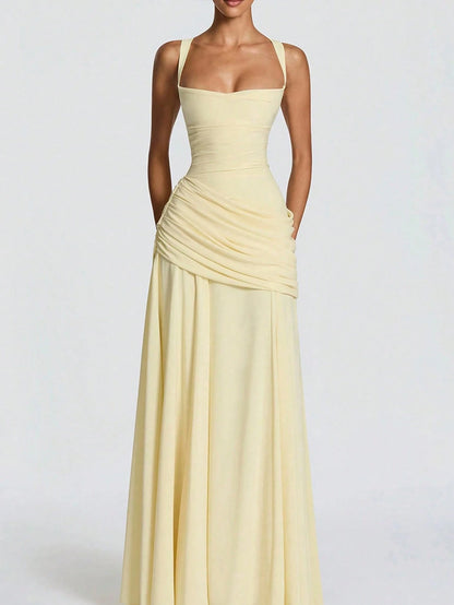 Solid Color High Waist Sexy Fitted Pleated Square Neck Dress Elegant Summer