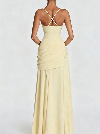 Solid Color High Waist Sexy Fitted Pleated Square Neck Dress Elegant Summer