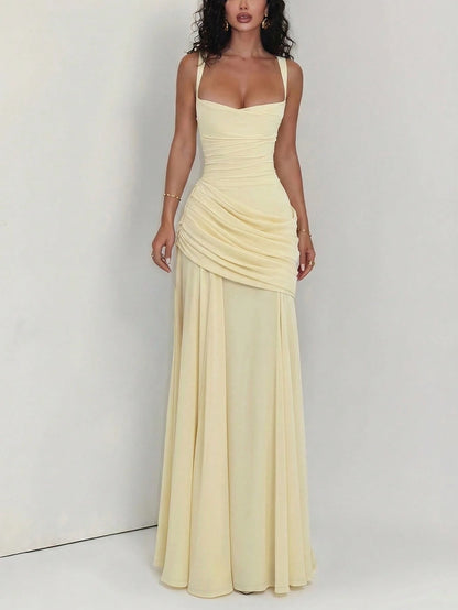 Solid Color High Waist Sexy Fitted Pleated Square Neck Dress Elegant Summer