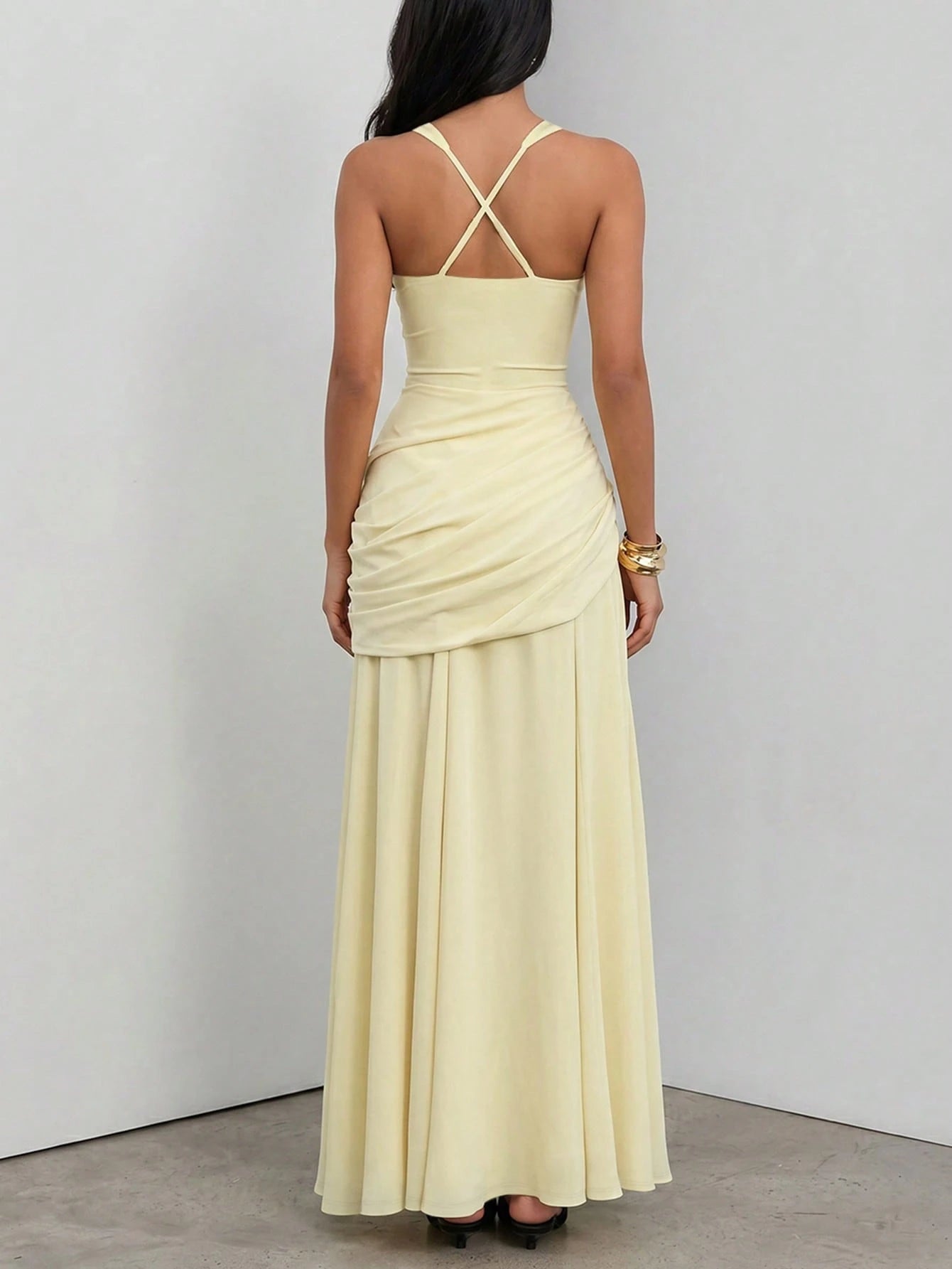 Solid Color High Waist Sexy Fitted Pleated Square Neck Dress Elegant Summer
