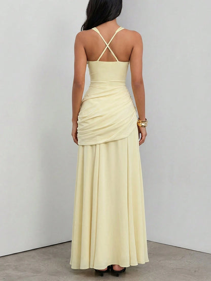 Solid Color High Waist Sexy Fitted Pleated Square Neck Dress Elegant Summer