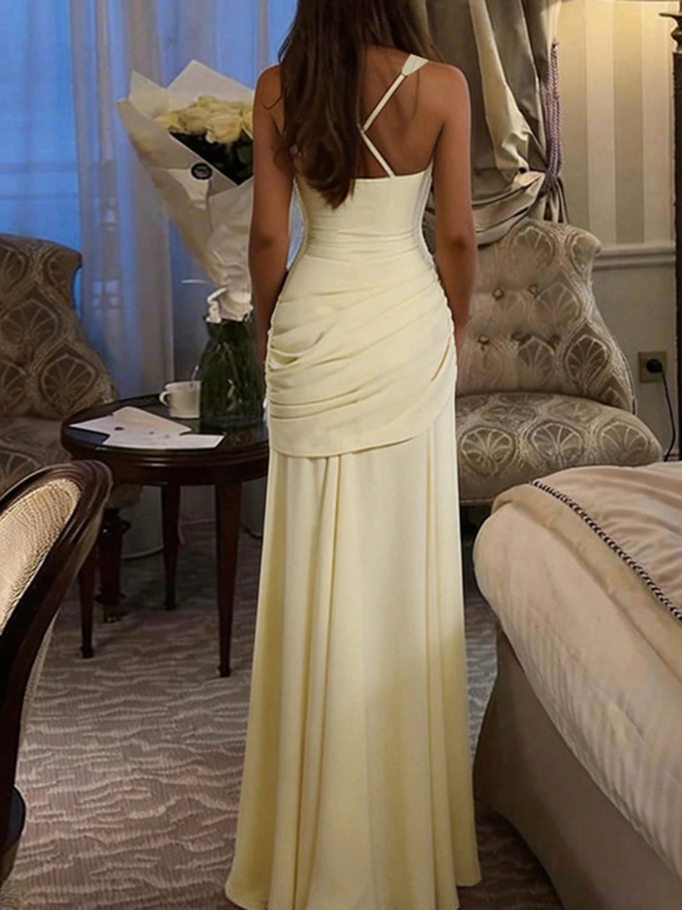 Solid Color High Waist Sexy Fitted Pleated Square Neck Dress Elegant Summer