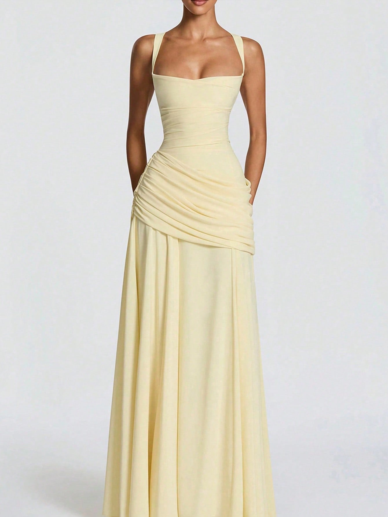 Solid Color High Waist Sexy Fitted Pleated Square Neck Dress Elegant Summer